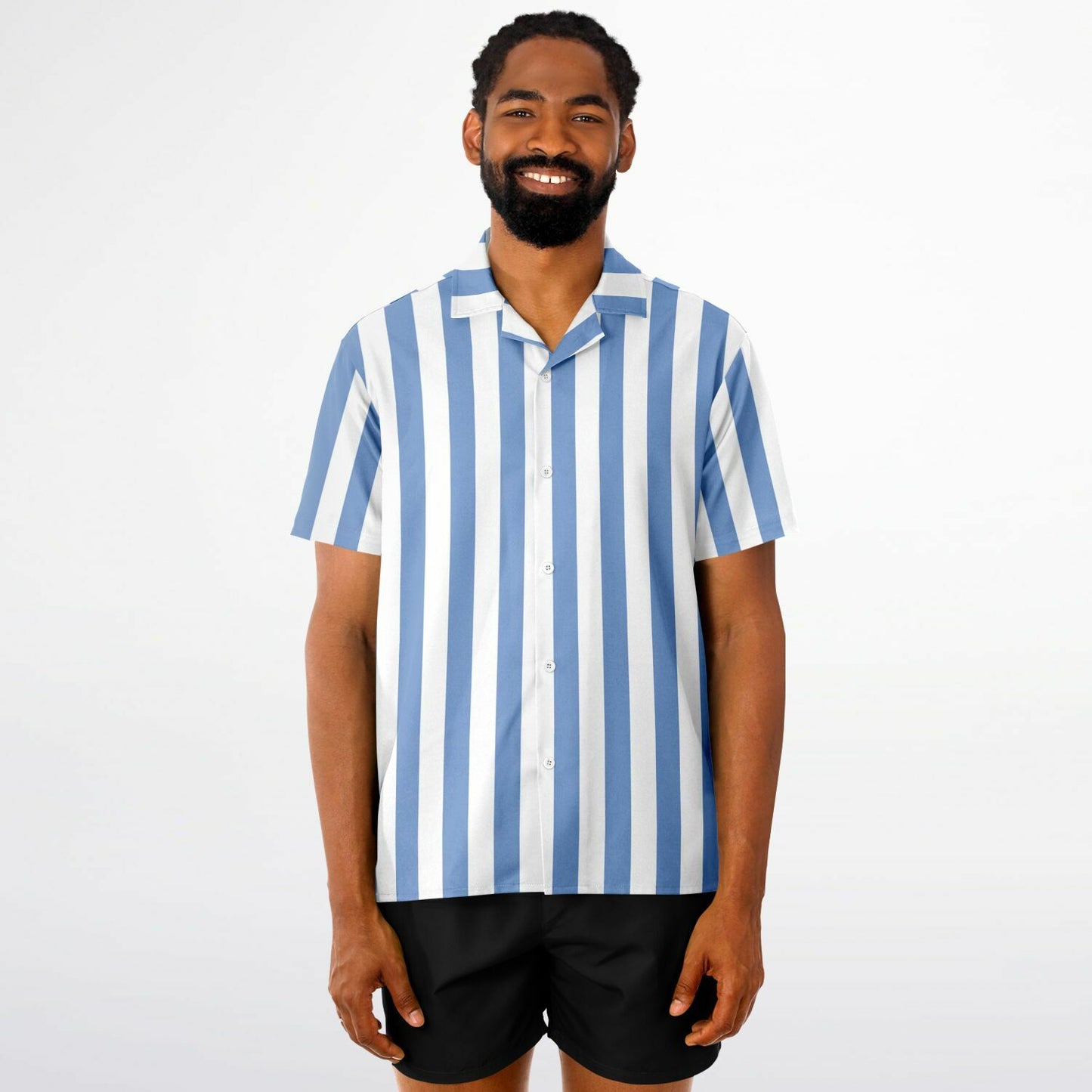 Blue White Striped Men Button Down Shirt, Beach Spread Collar Short Sleeve Guys Casual Print Buttoned Up Plus Size Unisex