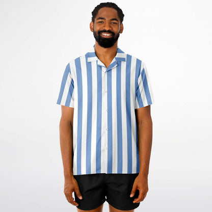 Blue White Striped Men Button Down Shirt, Beach Spread Collar Short Sleeve Guys Casual Print Buttoned Up Plus Size Unisex