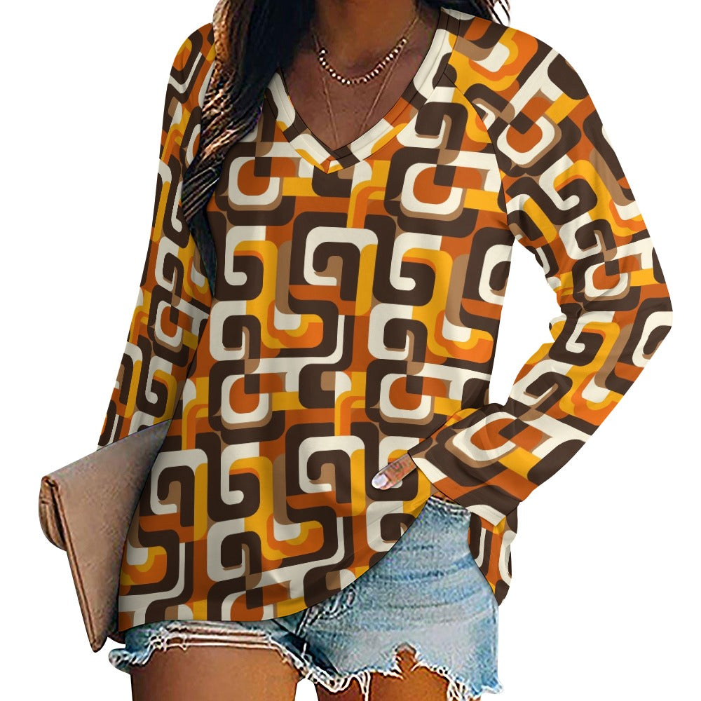 70s Geometric Women Long Sleeve Tshirt loose fit, Brown Orange Vintage Retro Relaxed V-neck Designer Aesthetic Ladies Female Tee Top Shirt