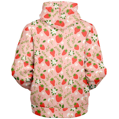 Strawberry Zip Up Fleece Lined Hoodie, Pink Floral Flowers Sherpa Heavyweight Full Zipper Men Women Unisex Graphic Hooded Sweatshirt Jacket