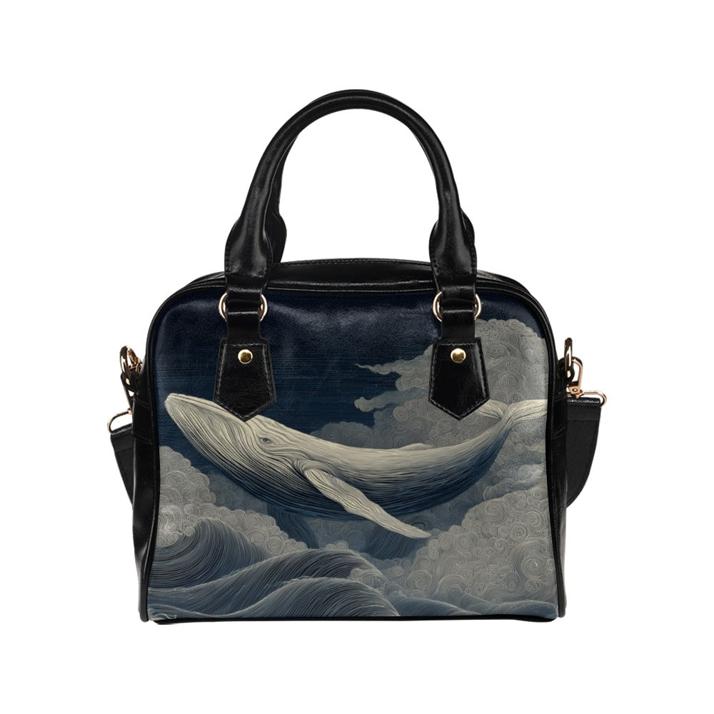 Whale Shoulder Purse, Blue Marine Animal Cute Black Small Retro Vintage Vegan Leather Women Designer Handbag with Strap Crossbody Bag