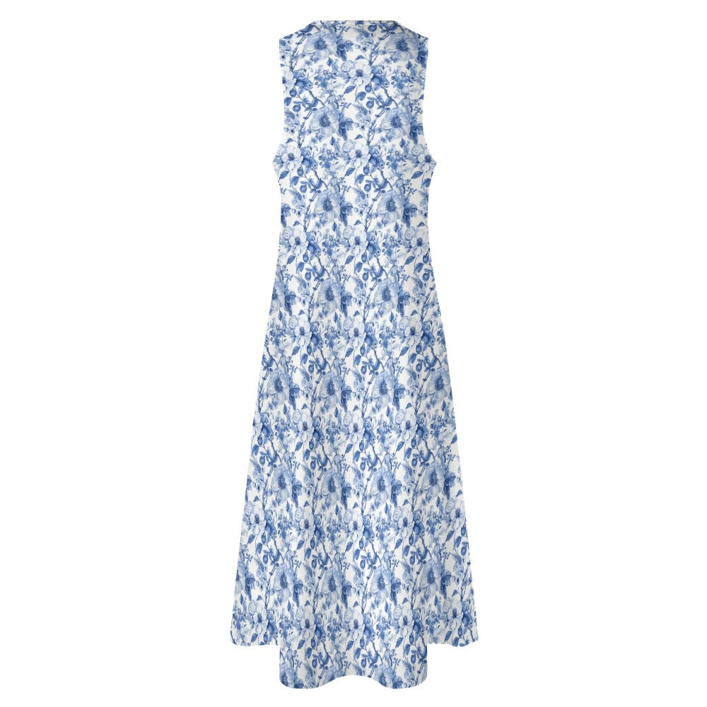 Blue White Floral Maxi Sleeveless Dress, Flowers Party Handmade A Line Women Ladies Cocktail Pockets Long Plus Size - Starcove Fashion