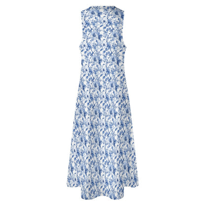 Blue White Floral Maxi Sleeveless Dress, Flowers Party Handmade A Line Women Ladies Cocktail Pockets Long Plus Size - Starcove Fashion
