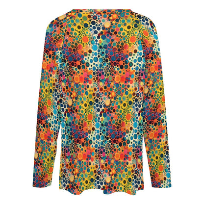 Psychedelic Women Long Sleeve Tshirt loose fit, Colorful Trippy Retro Relaxed V-neck Designer Graphic Festival Ladies Female Tee Top Shirt - Starcove Fashion