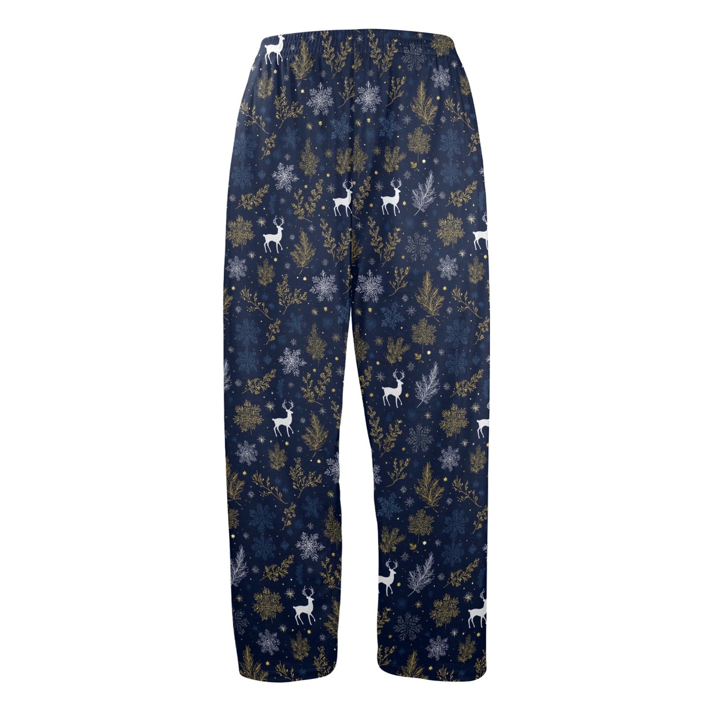 Navy Blue Christmas Men Pajamas Pants, Reindeer Snowflakes Festive Trees Xmas PJ Pockets Sleep Lounge Trousers Guys Male Sleepwear Bottoms