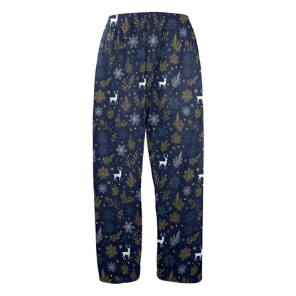 Navy Blue Christmas Men Pajamas Pants, Reindeer Snowflakes Festive Trees Xmas PJ Pockets Sleep Lounge Trousers Guys Male Sleepwear Bottoms