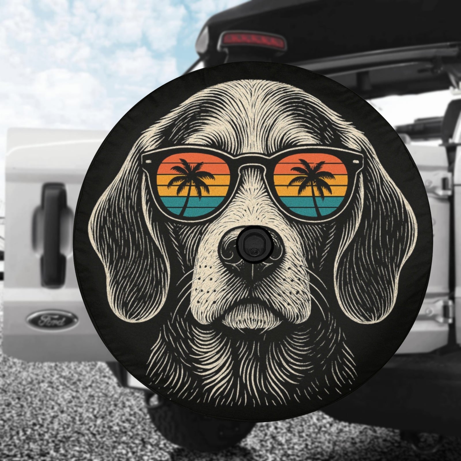 Beagle Dog Spare Tire Cover, Sunglasses Palm Tree Beach Puppy Backup Camera Hole Wheel Unique RV Back Cars Men Women Trailer Campers Extra - Starcove Fashion