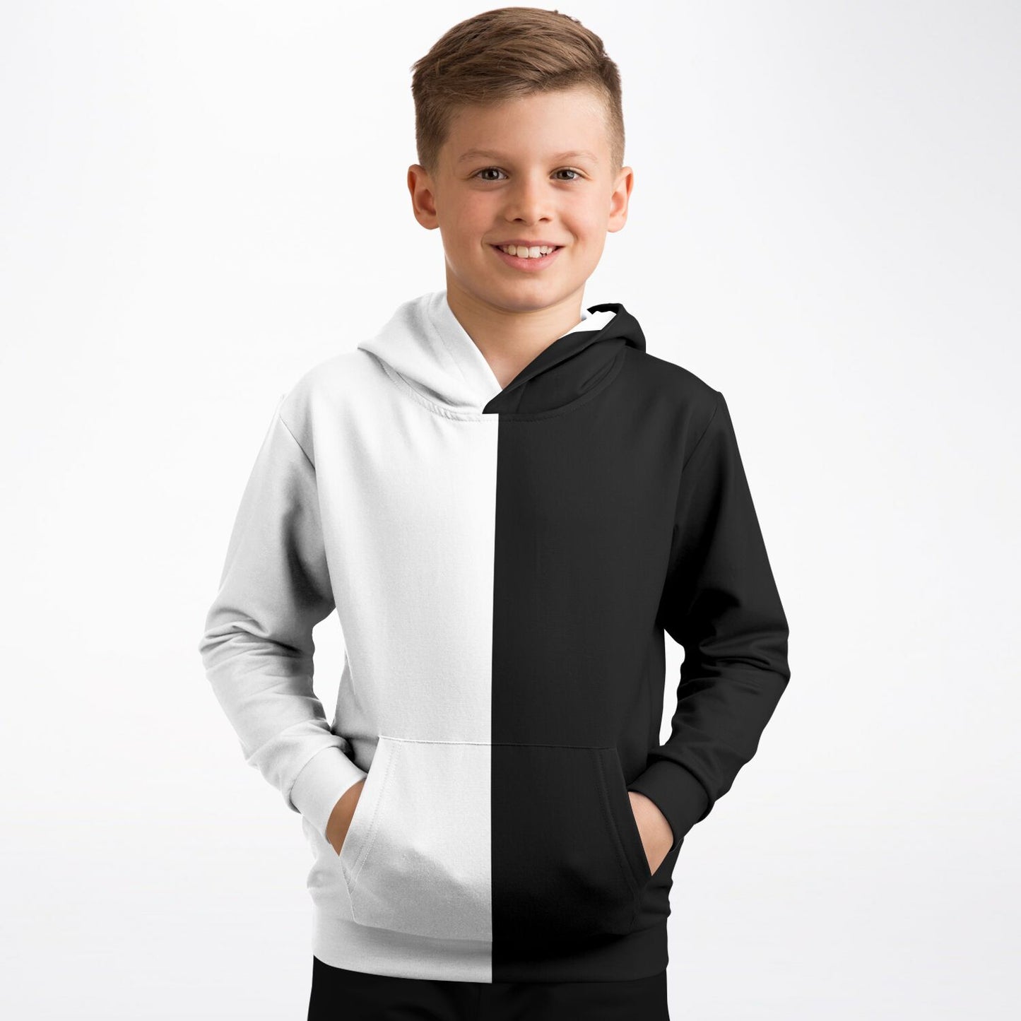 Half Black Half White Kids Pullover Hoodie, Two Tone Color Split Girls Boy Toddler Youth Children Fleece Cozy Cotton Hooded Sweatshirt Pockets