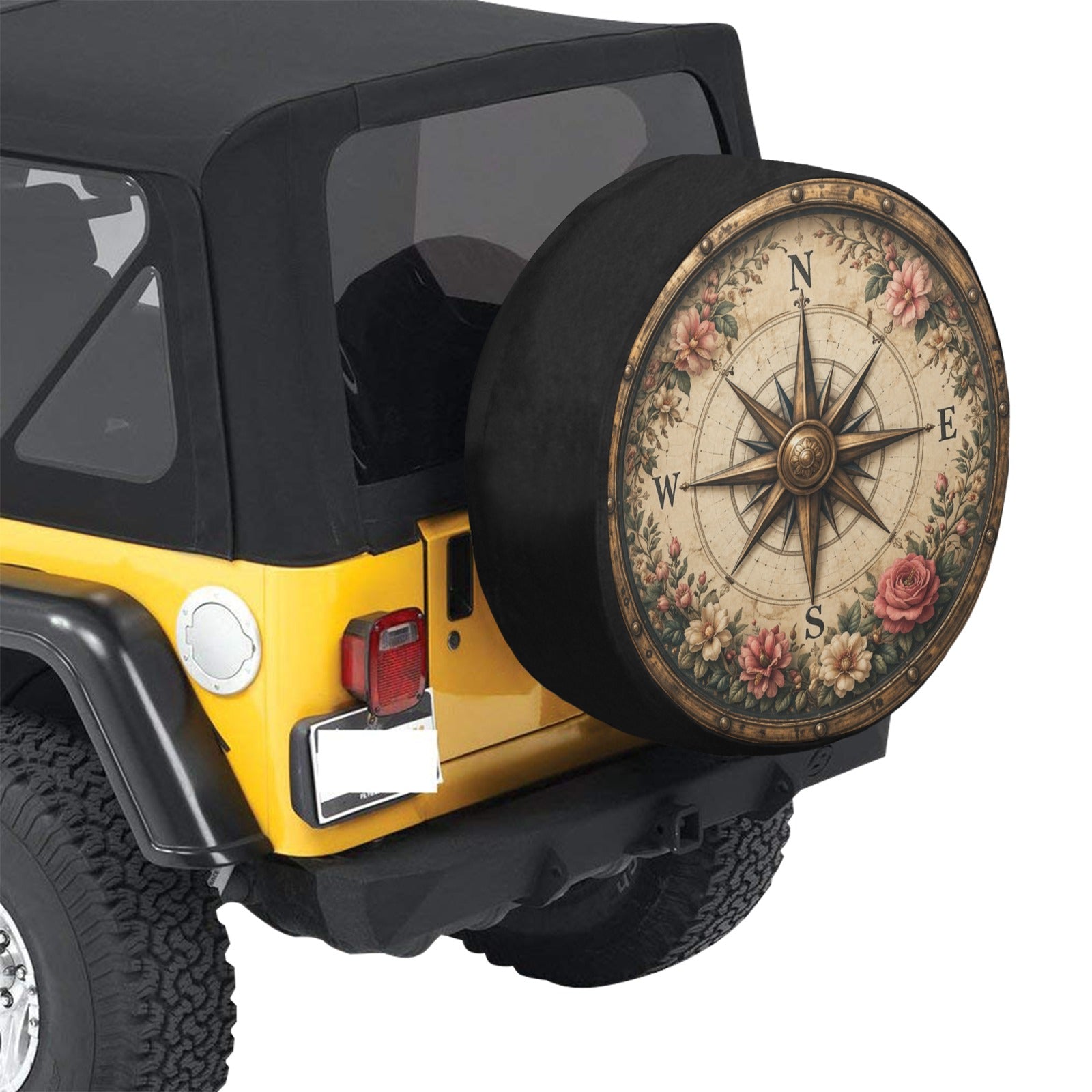 Flower Boho Compass Rose Spare Tire Wheel Cover, Vintage Floral Navigation Bohemian Back Up Camera Hole Rear Back RV Car Camper Motorhome - Starcove Fashion