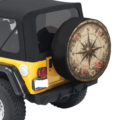 Flower Boho Compass Rose Spare Tire Wheel Cover, Vintage Floral Navigation Bohemian Back Up Camera Hole Rear Back RV Car Camper Motorhome - Starcove Fashion