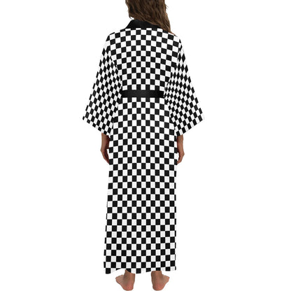 Checkered Kimono Robe, Black White Check Racing Flag Japanese Chinese Women Ladies Long Lounge Sleepwear Bathrobe Pajamas