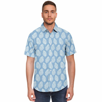 Light Blue Men Button Up Shirt, Palm Tree Leaf White Short Sleeve Print Casual Buttoned Down Summer Male Guys Collared Designer Dress