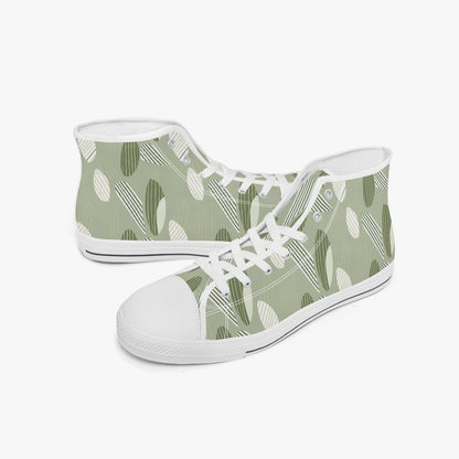 Sage Green High Top Shoes Sneakers, Minimalistic Boho Stripes Olive Men Women Lace Up Footwear Rave Canvas Streetwear Designer