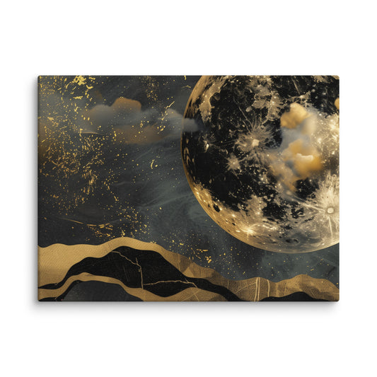 Black Gold Moon Canvas Wall Art, Abstract Clouds Celestial Wrapped Print Small Large Big Gallery Artwork Painting Living Room Hanging