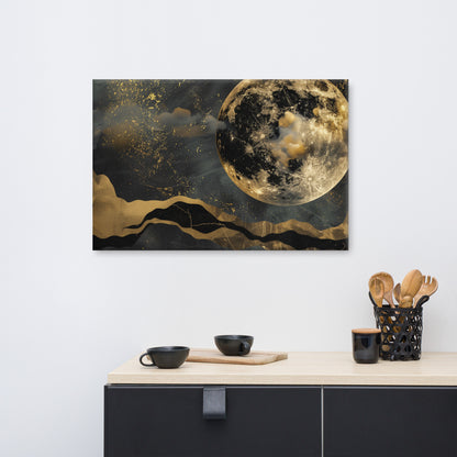 Black Gold Moon Canvas Wall Art, Abstract Clouds Celestial Wrapped Print Small Large Big Gallery Artwork Painting Living Room Hanging