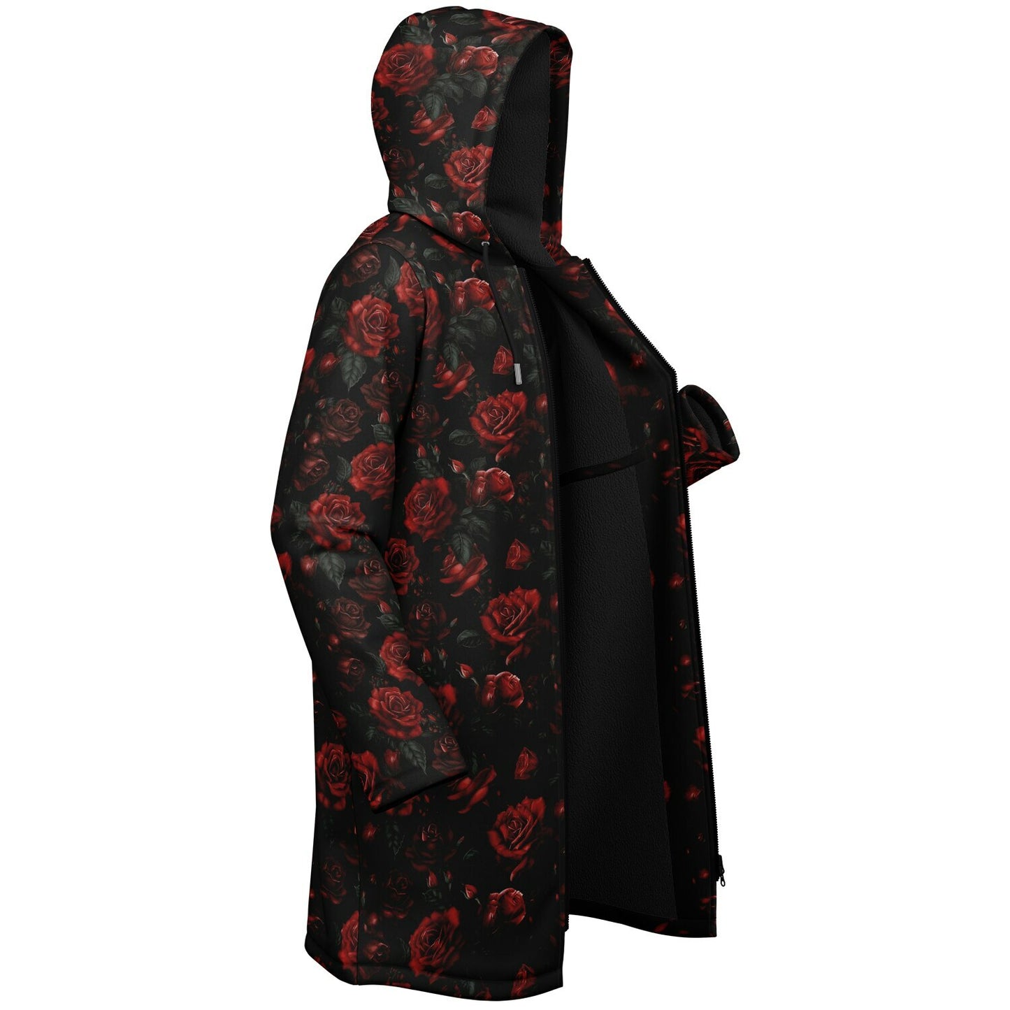 Red Roses Hooded Fleece Jacket, Black Zipper Coat Cloak Men Women Ladies Long Winter Warm Mink Hooded Parka Festival Wearable Cape Pockets