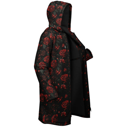 Red Roses Hooded Fleece Jacket, Black Zipper Coat Cloak Men Women Ladies Long Winter Warm Mink Hooded Parka Festival Wearable Cape Pockets