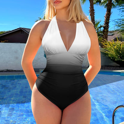 Woman wearing a gradient swimsuit by a pool with palm trees in the background