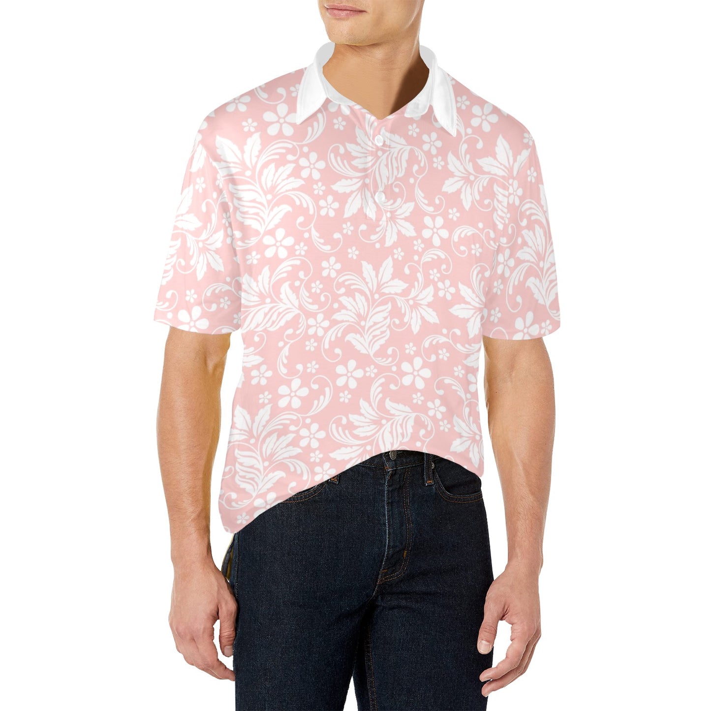 Pink White Floral Men Polo Shirt, Vintage Flowers Short Sleeve Classic Collared Male Button Down Up Rugby Golf Gift Guys Tee Tshirt