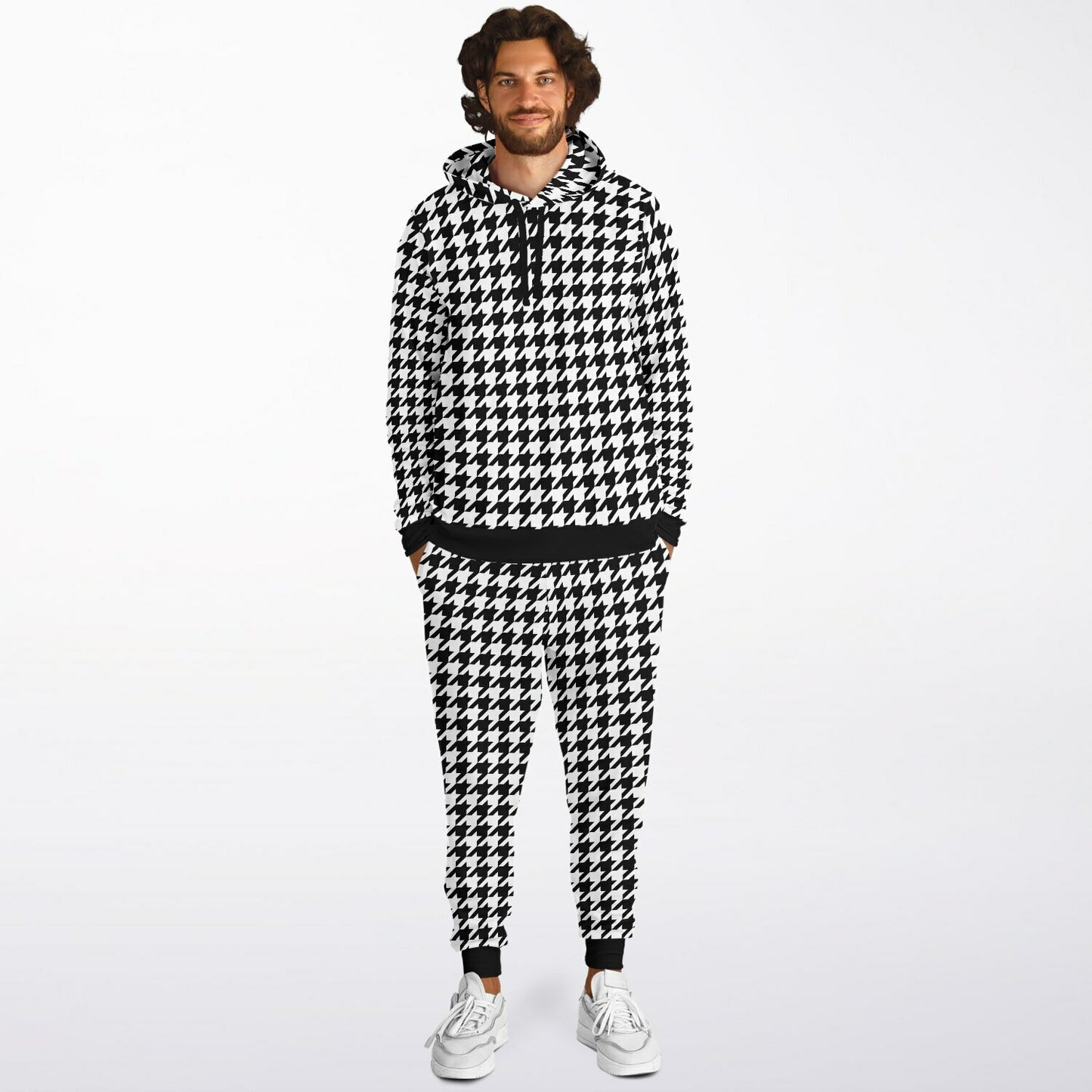 Houndstooth Hoodie Jogger Sweatsuit Set, Black White Lounge Hooded Sweatshirt Sweatpants Women Men Cotton Matching Plus Size Sweats