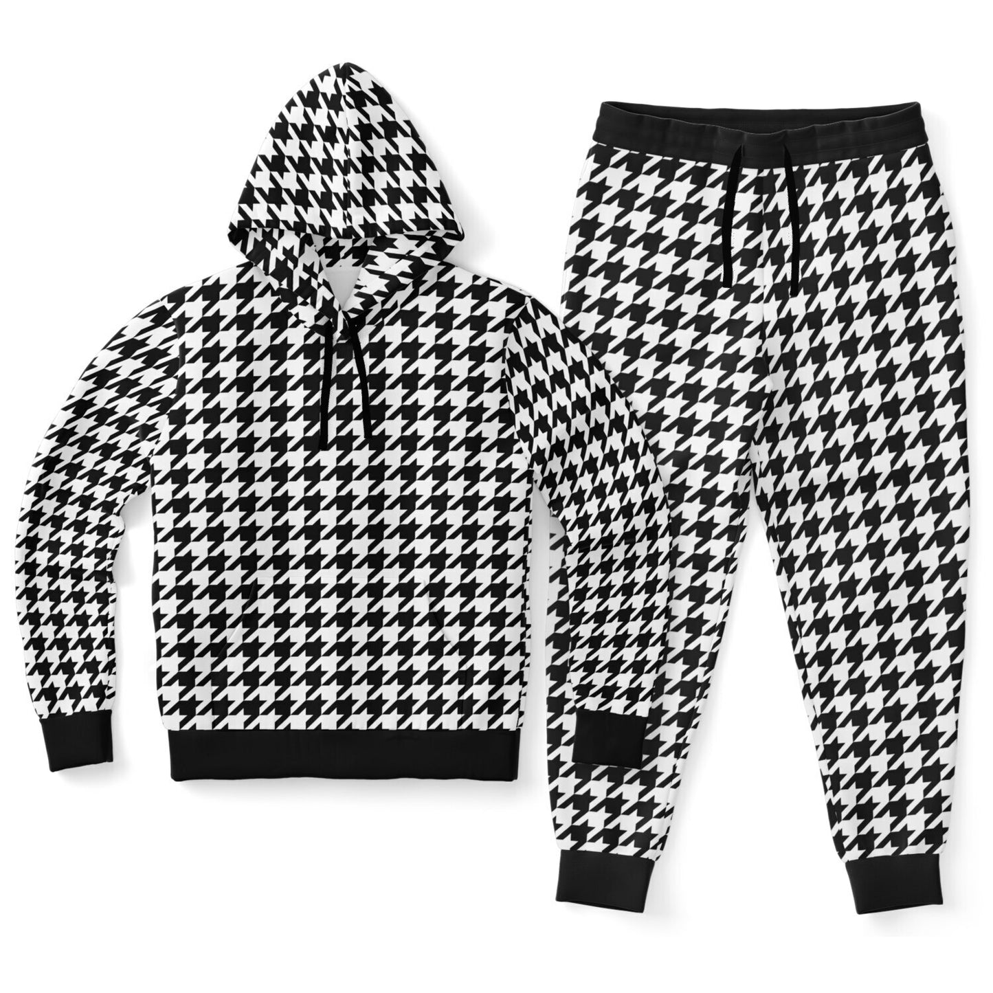 Houndstooth Hoodie Jogger Sweatsuit Set, Black White Lounge Hooded Sweatshirt Sweatpants Women Men Cotton Matching Plus Size Sweats