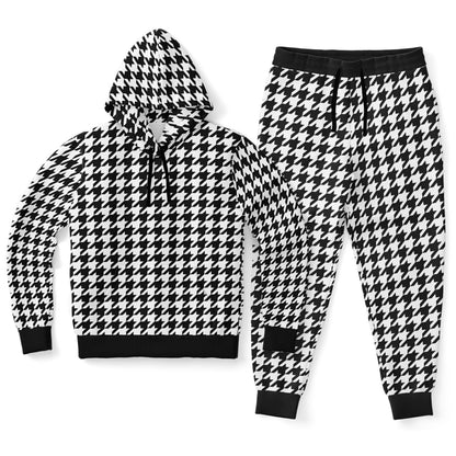 Houndstooth Hoodie Jogger Sweatsuit Set, Black White Lounge Hooded Sweatshirt Sweatpants Women Men Cotton Matching Plus Size Sweats