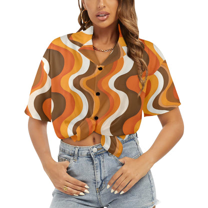 70s Wavy Stripe Women Hawaiian shirt, Retro Vintage Summer Tropical Print Vintage Retro Hawaii Aloha Button Up Down Plus Size Ladies Blouse