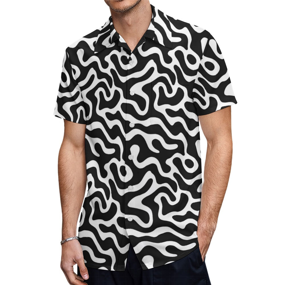 Black White Men Button Up Shirt, Psychedelic Wavy Trippy Short Sleeve Print Casual Buttoned Down Summer Male Guys Collared Designer Festival