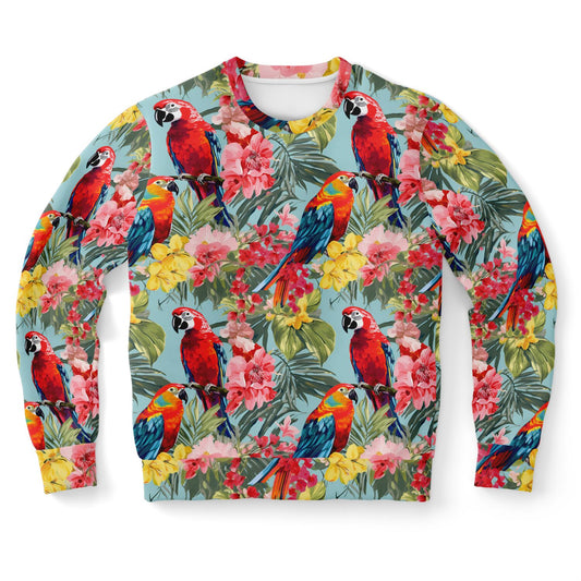 Tropical Parrot Sweatshirt, Pink Flowers Floral Animal Crewneck Fleece Cotton Sweater Jumper Pullover Men Women Adult Aesthetic Designer Starcove Fashion