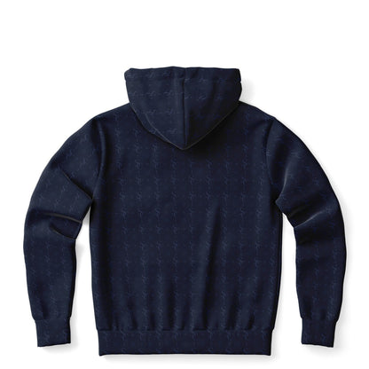 Navy Blue Zip Up Hoodie, Geometric Monogram Pattern Full Zipper Pocket Men Women Unisex Aesthetic Graphic Cotton Fleece Hooded Sweatshirt - Starcove Fashion