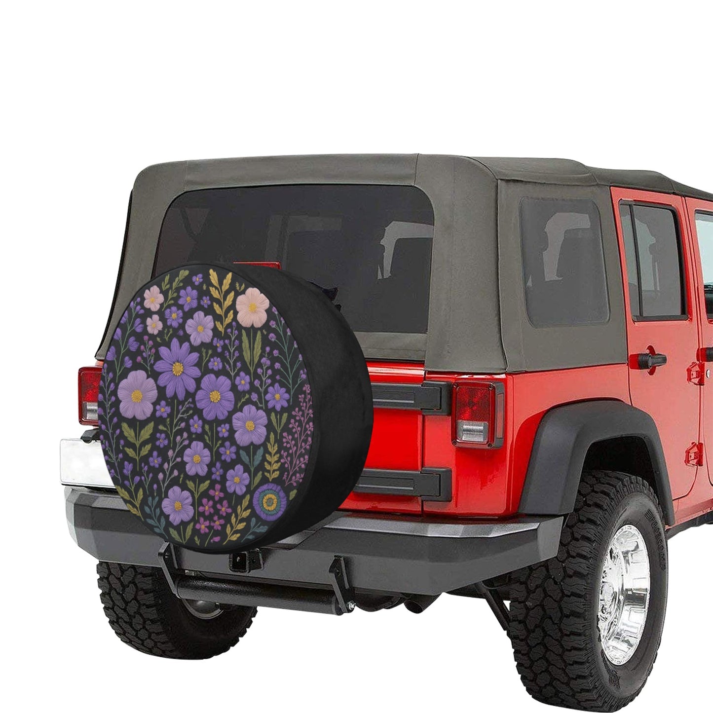Purple Flowers Spare Tire Cover, Lilac Lavender Floral Faux Embroidery Print Floral Wheel Auto Car Backup Camera Hole Trailer Back Women RV