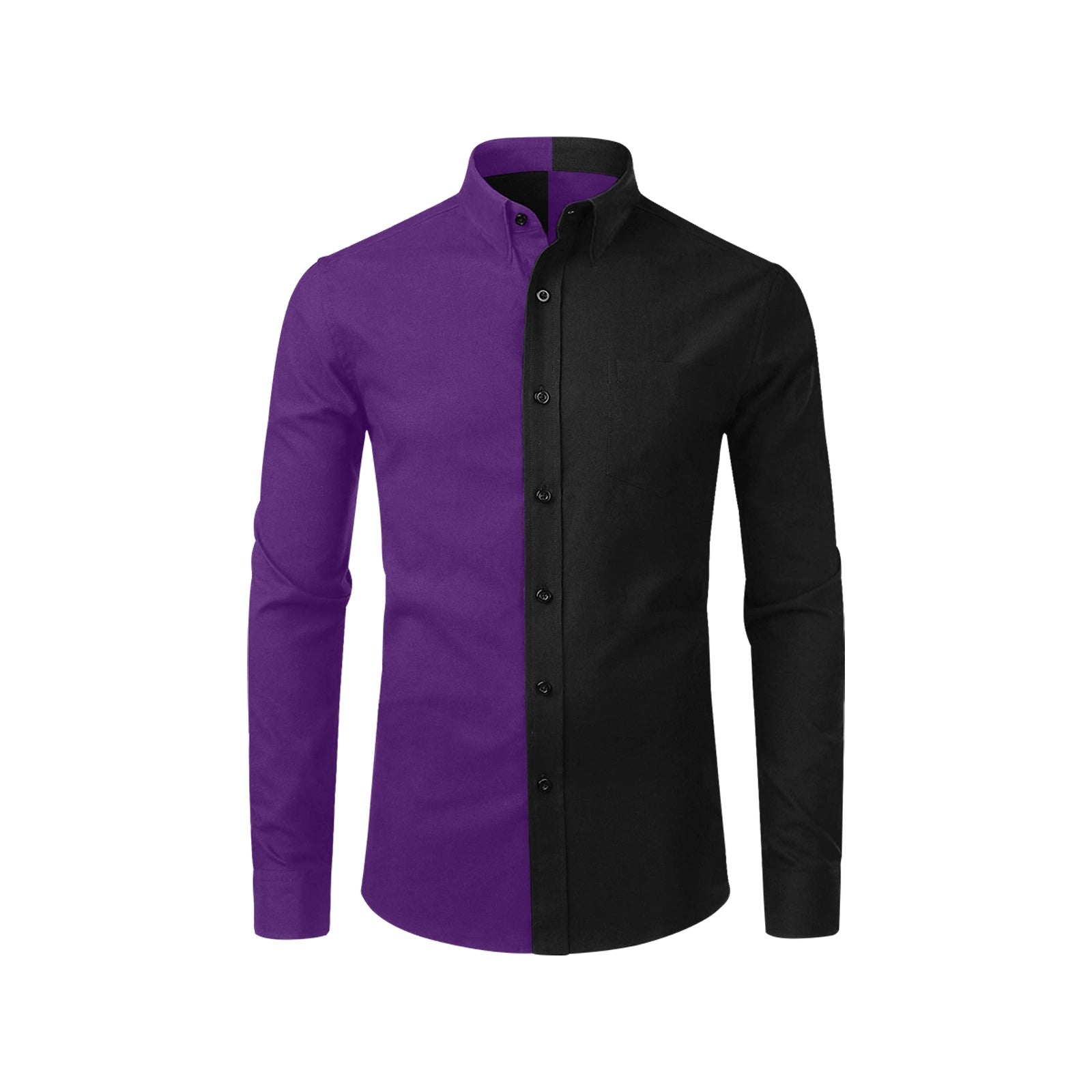 Half Black Half Purple Long Sleeve Men Button Up Shirt, Color Block Split Two Tone Combo Print Buttoned Collared Casual Dress Chest Pocket S Half Black Half Purple Long Sleeve Men Button Up Shirt, Color Block Split Two Tone Combo Print Buttoned Collared Casual Dress Chest Pocket S