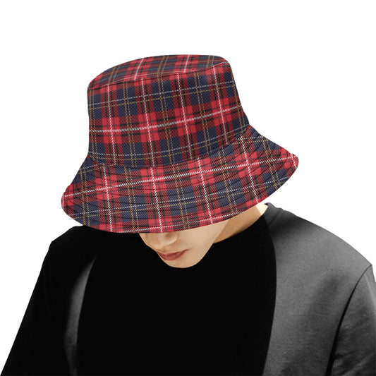 Red Plaid Bucket Hat Cap, Buffalo Plaid Tartan Blue Retro Vintage Summer Festival Cute Women Men Ladies Designer Beach Sun Shade Golf Cool