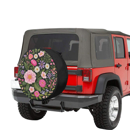 Pink Purple Flowers Spare Tire Cover, Daisy Floral Faux Embroidery Printed Floral Wheel Unique Backup Camera Hole Trailer Back Women RV