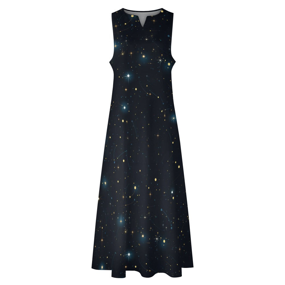 Constellation Maxi Sleeveless Dress, Galaxy Universe Print Space Stars Party Handmade Celestial A Line Women Ladies Cocktail Pockets Long - Starcove Fashion