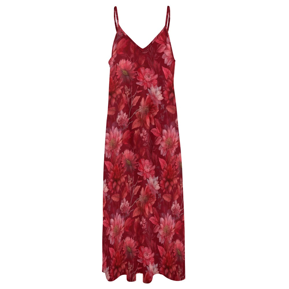 Red Floral Maxi Dress, Flowers Long Spaghetti Straps Flowy Women Sleeveless Casual Cute Designer Elegant Plus Size Cocktail Party Summer