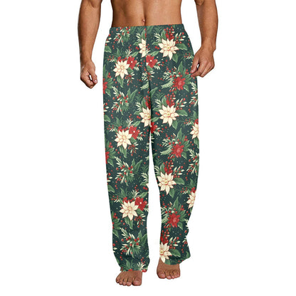 Christmas Berries Men Pajamas Pants, Xmas Trees Green Vintage Retro PJ Pockets Sleep Lounge Trousers Guys Male Plus Size Sleepwear Bottoms