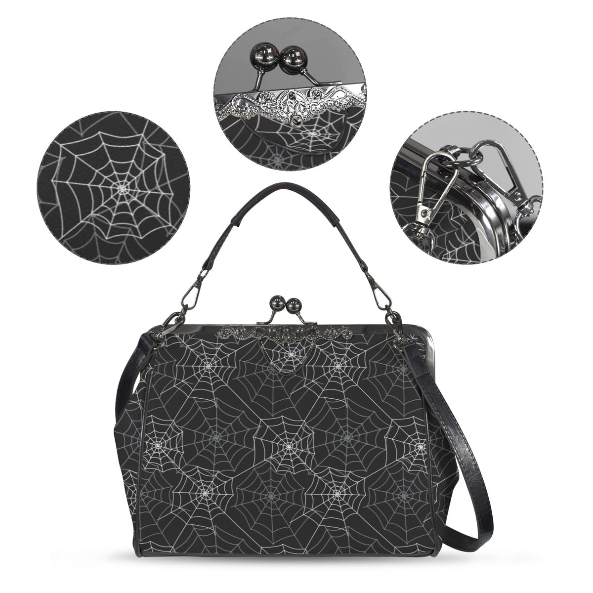 Spiderweb Kiss Lock Purse Handbag, Black Witchy Gothic Dark Print Vegan Leather Vintage Designer Shoulder Crossbody Top Handle Clasp Bag