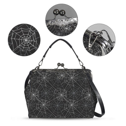 Spiderweb Kiss Lock Purse Handbag, Black Witchy Gothic Dark Print Vegan Leather Vintage Designer Shoulder Crossbody Top Handle Clasp Bag