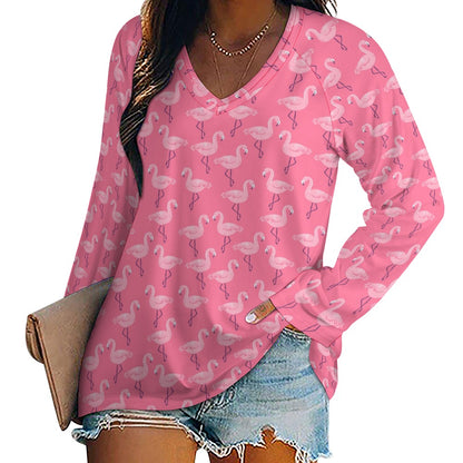 Pink Flamingo Women Long Sleeve Tshirt loose fit, Bird Animal Relaxed V-neck Designer Graphic Aesthetic Ladies Female Tee Top Shirt