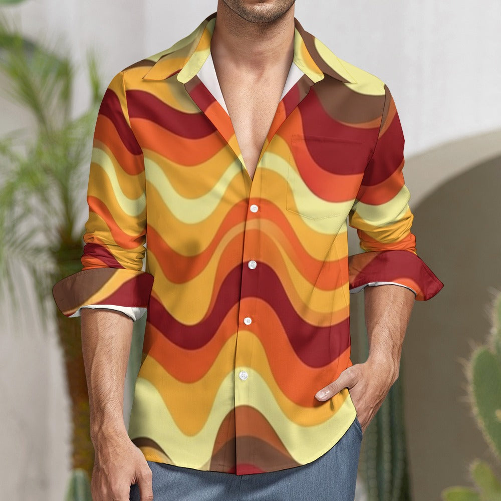 70s Wavy Stripes Long Sleeve Men Button Up Shirt, Retro Vintage Brown Yellow Print Buttoned Down Collar Casual Dress 1970 Disco Chest Pocket S / White 70s Wavy Stripes Long Sleeve Men Button Up Shirt, Retro Vintage Brown Yellow Print Buttoned Down Collar Casual Dress 1970 Disco Chest Pocket S / White