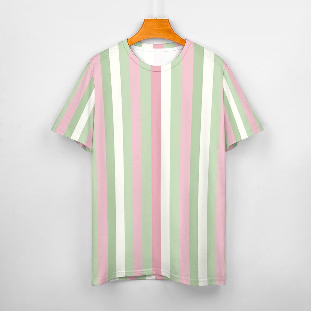 Pink Green Striped Women Cotton Tshirt, Vertical Stripes Ladies Female Designer Adult Aesthetic Fashion Fitted Crewneck Tee Shirt Top - Starcove Fashion