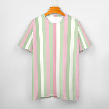 Pink Green Striped Women Cotton Tshirt, Vertical Stripes Ladies Female Designer Adult Aesthetic Fashion Fitted Crewneck Tee Shirt Top - Starcove Fashion