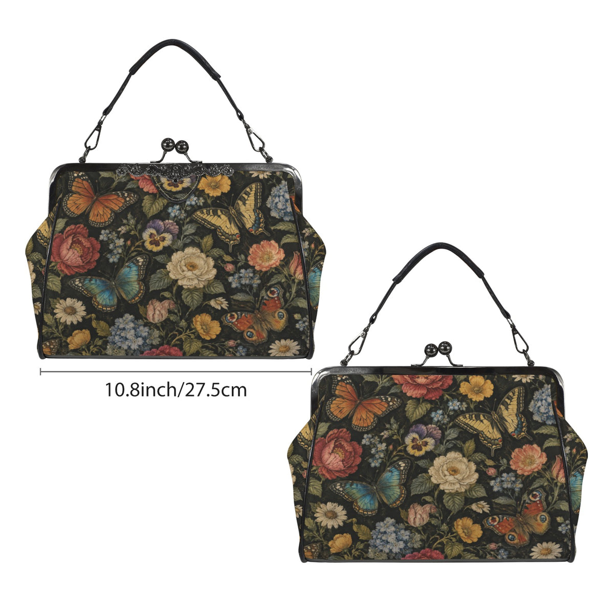 Monarch Butterfly Flowers Kiss Lock Purse Handbag, Floral Retro Print Vegan Leather Vintage Designer Shoulder Crossbody Top Handle Clasp Bag