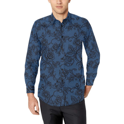 Black Blue Floral Long Sleeve Men Button Up Shirt, Vines Roses Flowers Print Casual Buttoned Collared Designer Dress Shirt Chest Pocket Male