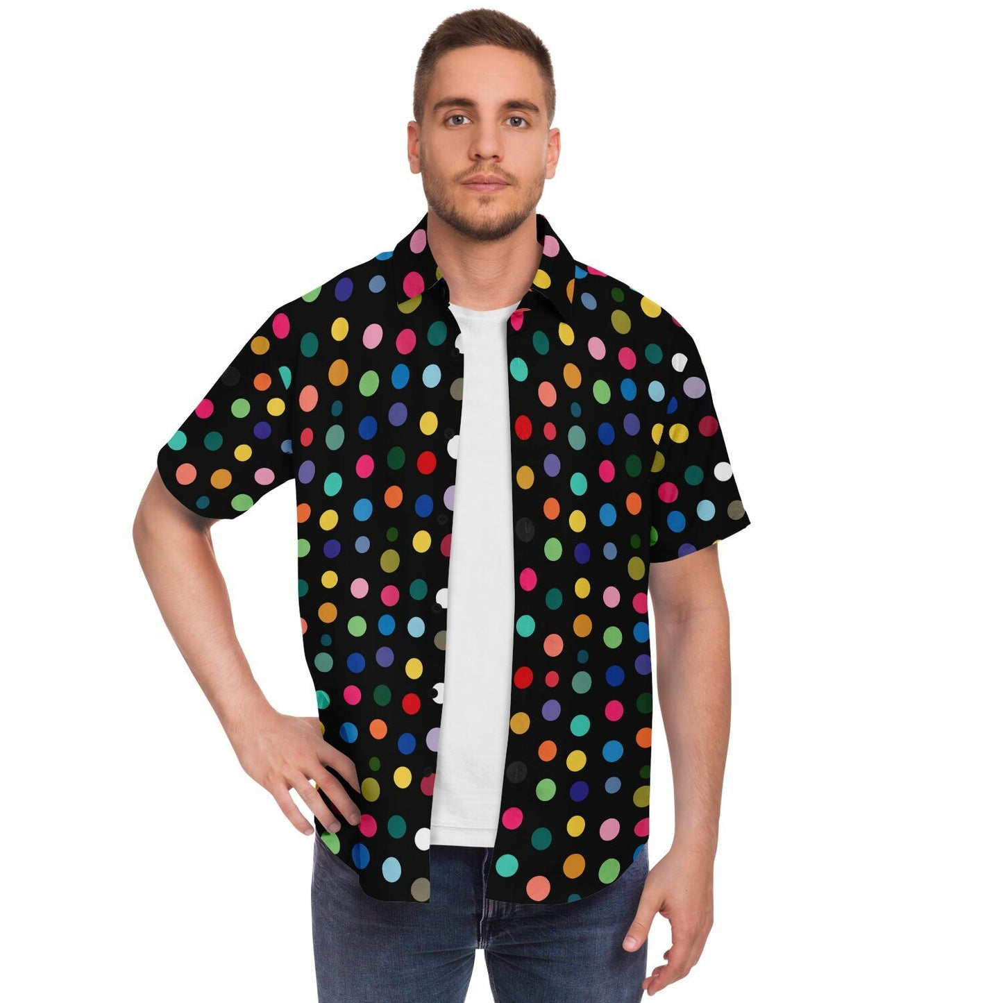 Vibrant Polk Dots Men Button Up Shirt, Colorful Festival Short Sleeve Print Casual Buttoned Down Summer Male Guys Collared Designer Dress