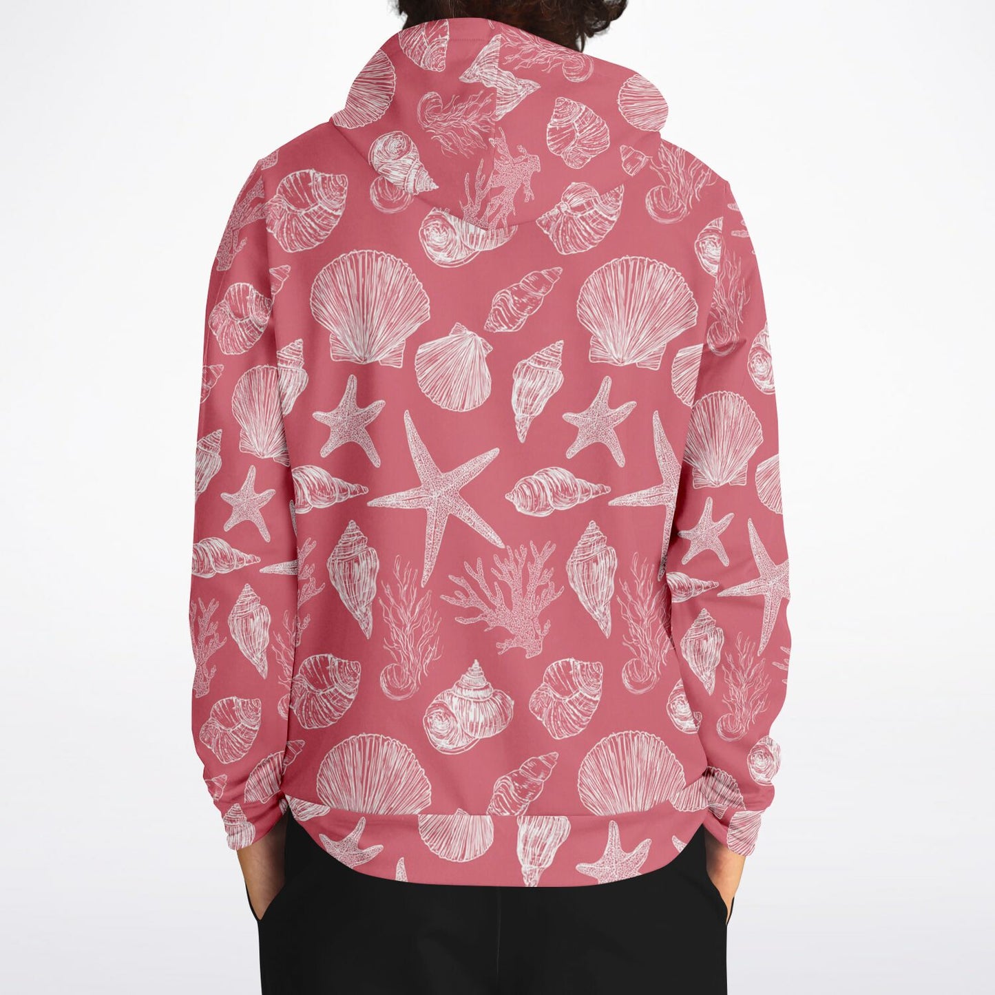 Coral Pink Beach Hoodie, Ocean Sea Shells Star Pullover Men Women Adult Graphic Cotton Hooded Sweatshirt with Pockets Designer Plus Size