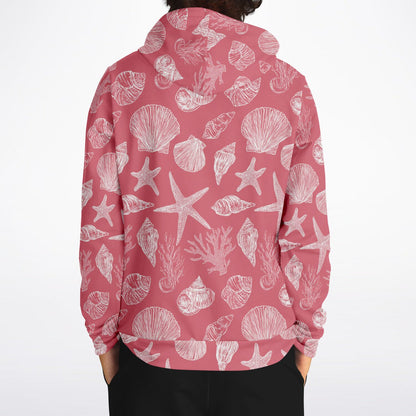 Coral Pink Beach Hoodie, Ocean Sea Shells Star Pullover Men Women Adult Graphic Cotton Hooded Sweatshirt with Pockets Designer Plus Size