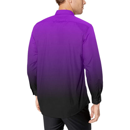 Black Purple Ombre Long Sleeve Men Button Up Shirt, Gradient Tie Dye Two Tone Print Buttoned Collar Casual Dress Chest Pocket Plus Size
