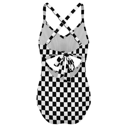 Checkered One Piece Swimsuit Women, Black White Check Racing Retro Party Cut Out Tummy Control Designer Swim 1 Swimming Bathing Suits Ladies